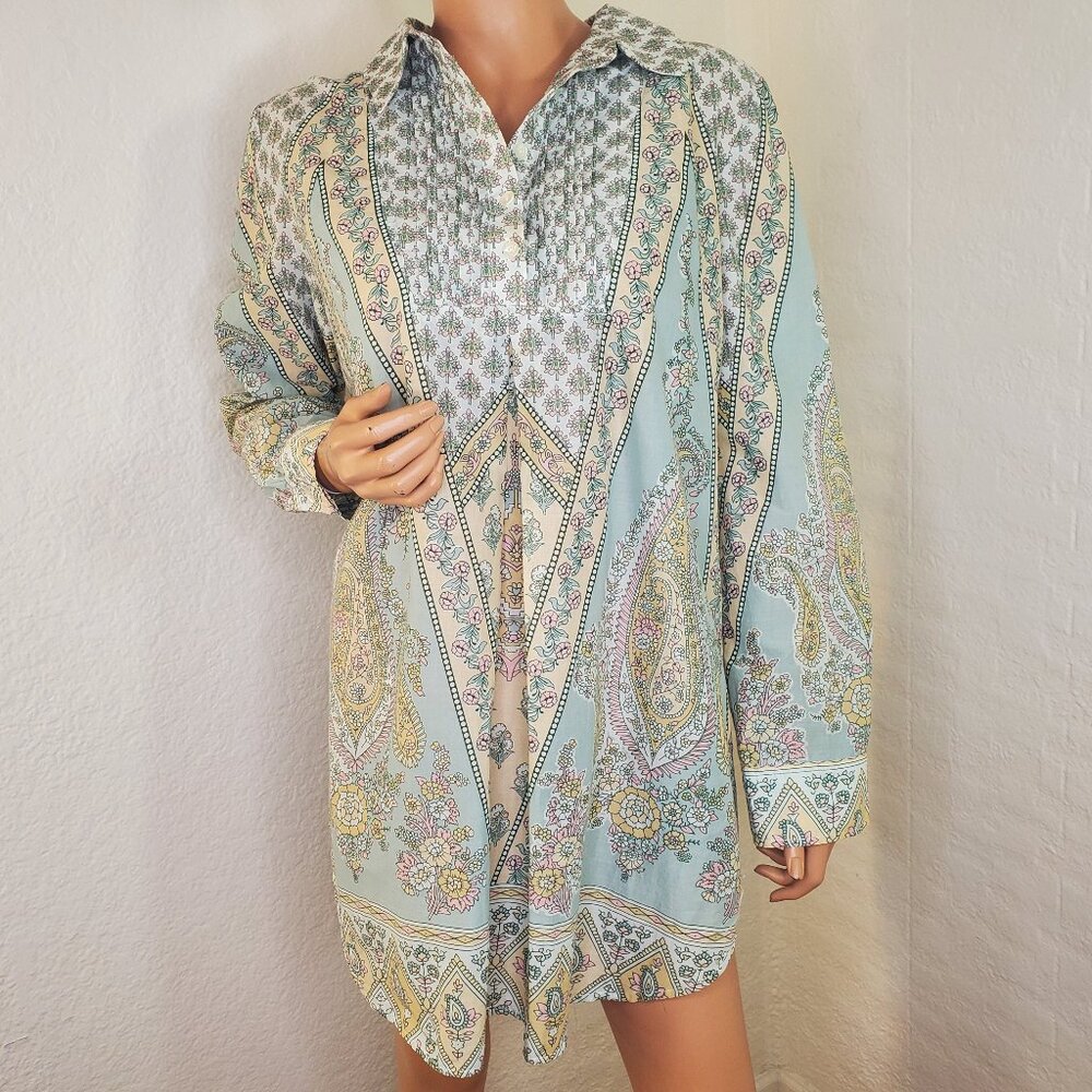 Soft Surroundings Tabitha Tunic Green Floral Paisley Pintuck Front Size XL